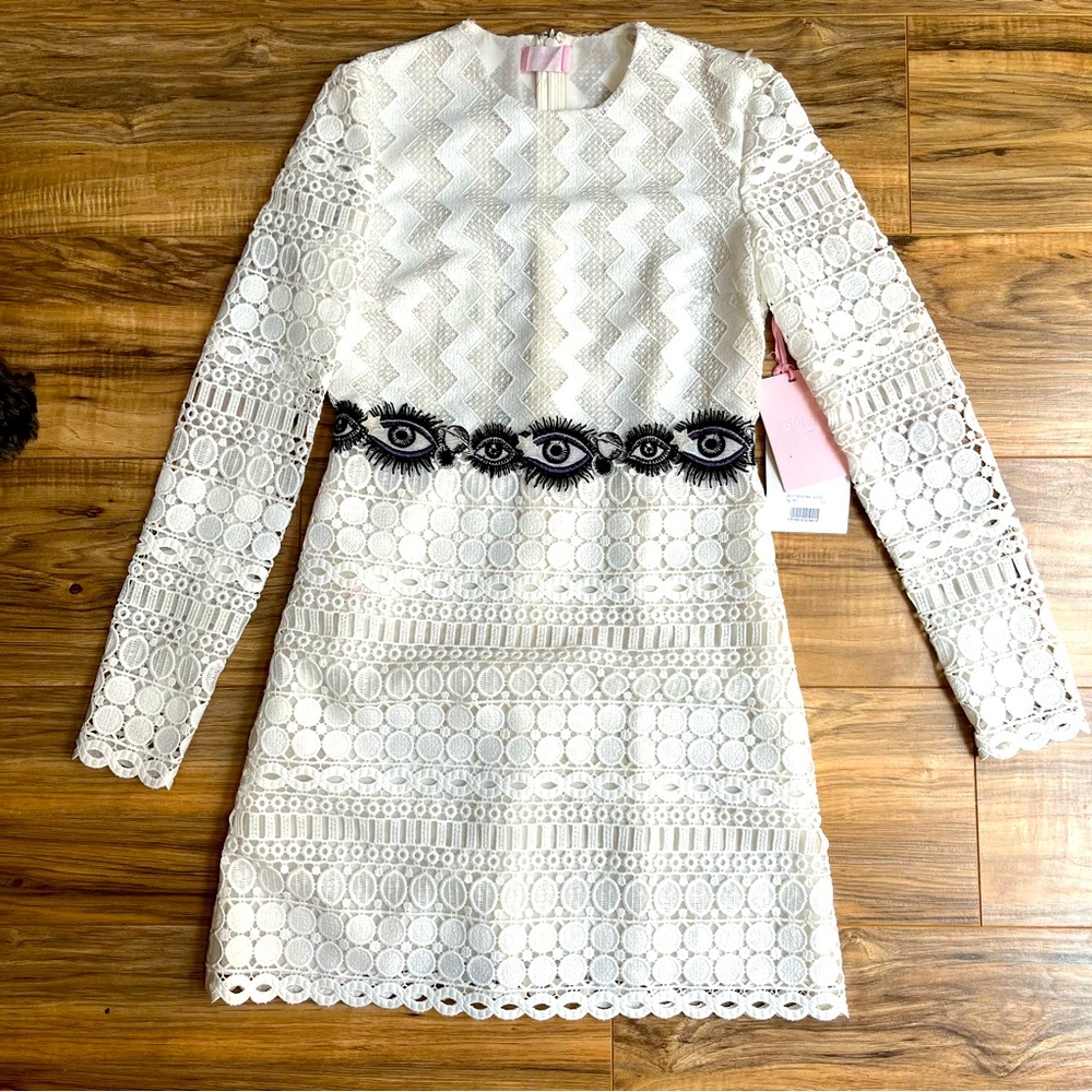 Giamba Paris White Lace Mini Dress Eye Embroidery Long Sleeve Size 40 NWT Defect
